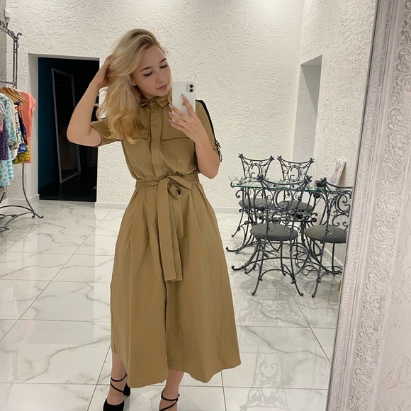 Elegant Tan Midi Dress 100% Cotton . - Picture 1 of 5